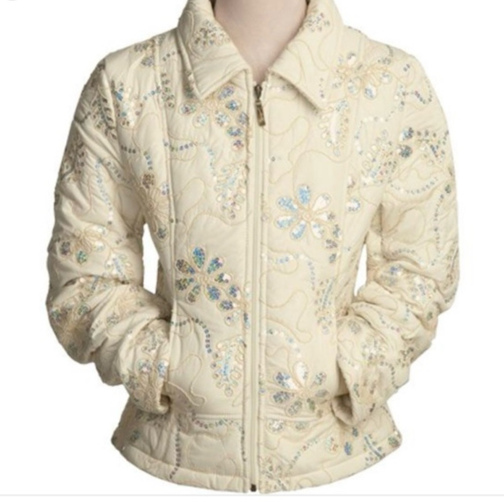 Montanaco Cream Floral Sequin Embroidered Ski Puffer Zip Winter Jacket size M